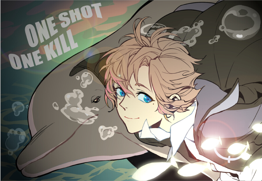 1boy, air_bubble, animal, blonde_hair, blue_eyes, brown_hair, bubble, cape, dolphin, english_text, gloves, imabboy, jiang_botao, looking_at_viewer, male_focus, mole, mole_under_eye, quanzhi_gaoshou, smile, solo, underwater