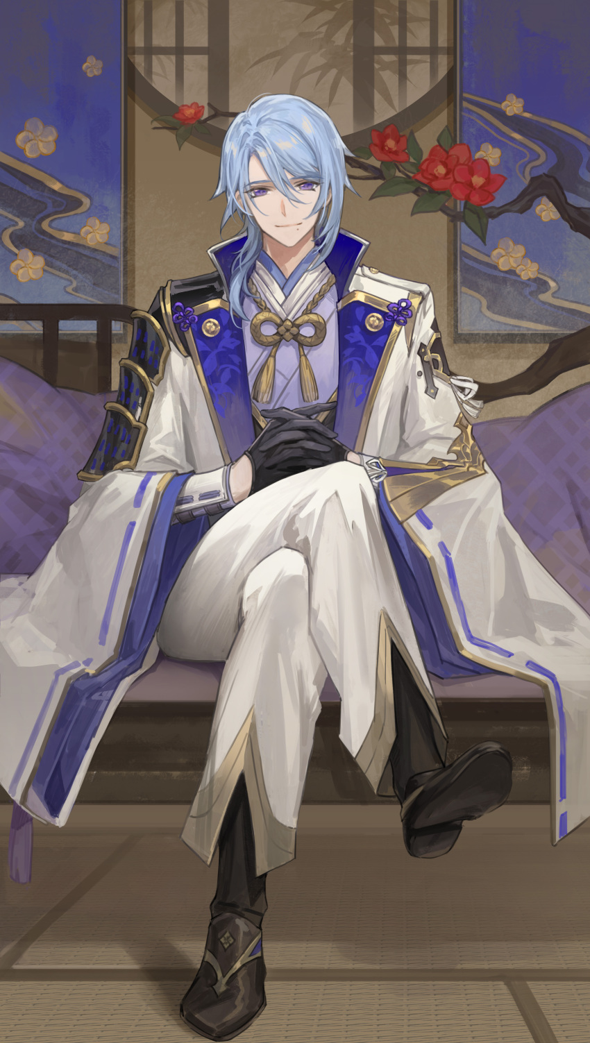 1boy, absurdres, arm_guards, black_boots, black_gloves, black_vest, blue_hair, boots
