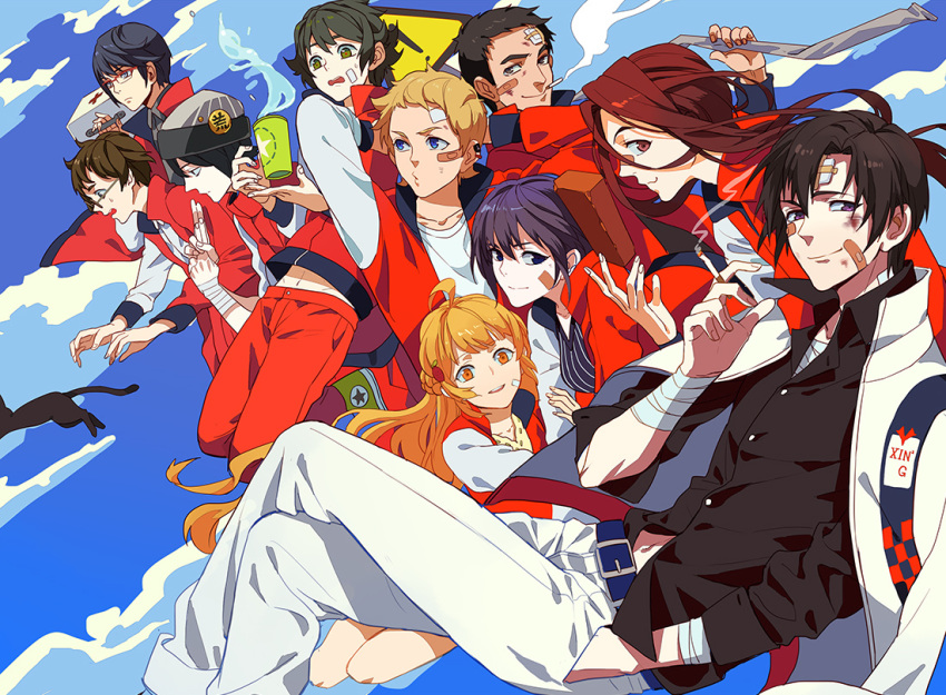 3girls, 6+boys, bandages, bandaid, bandaid_on_face, bao_rongxin, black_hair, blonde_hair