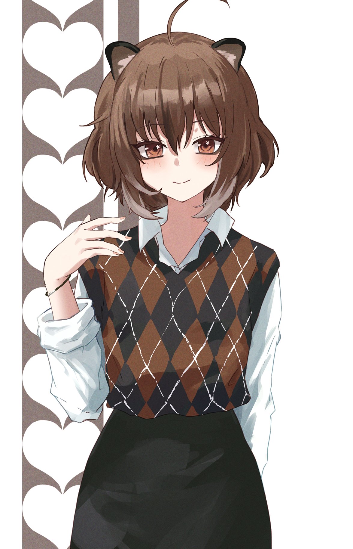 1girl, ahoge, animal_ear_fluff, animal_ears, argyle_clothes, argyle_sweater_vest, black_hair, black_skirt