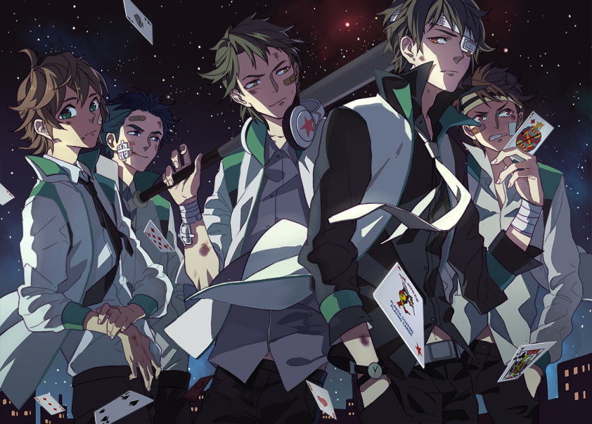 5boys, bandage_on_face, bandages, bandaid, bandaid_on_face, black_hair, brown_hair, card, eyepatch, gao_yingjie, green_eyes, green_hair, headphones, headphones_around_neck, imabboy, jacket, liu_xiaobie, male_focus, multiple_boys, necktie, night, night_sky, playing_card, quanzhi_gaoshou, sky, smile, star_(sky), starry_sky, wang_jiexi, watch, xu_bin, yuan_baiqing