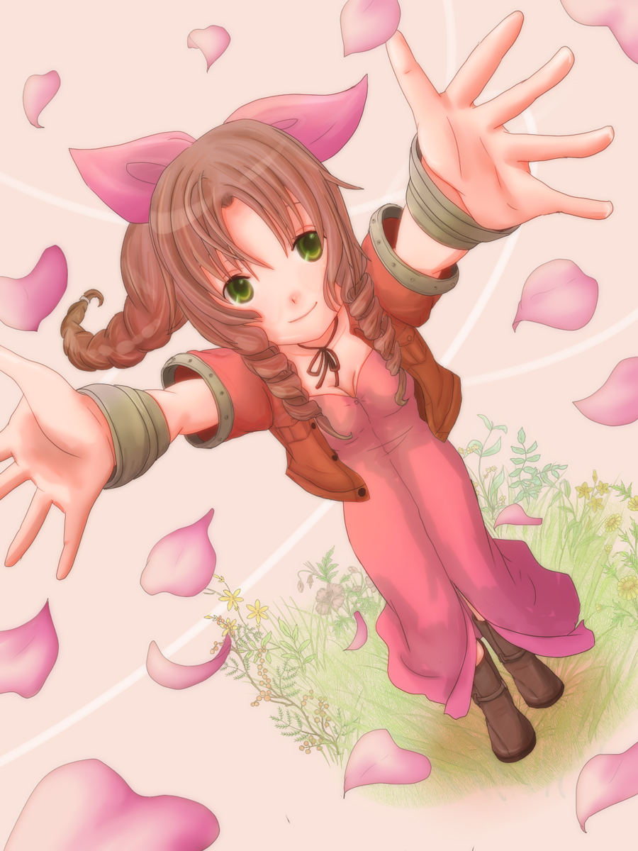 bolero, boots, bracelet, braid, brown_hair, choker, cropped_jacket, final_fantasy