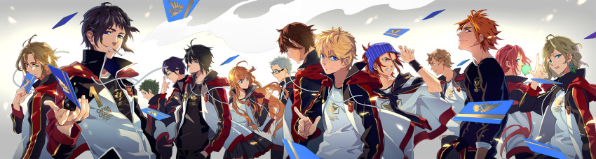 6+boys, ahoge, belt, black_hair, black_shirt, blonde_hair, blue_eyes, blue_hair