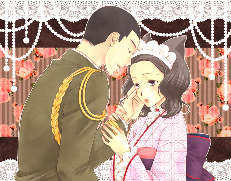 1girl, animal_ears, asa_no_ha_(pattern), black_hair, closed_eyes, couple, eyes_closed, fox_ears