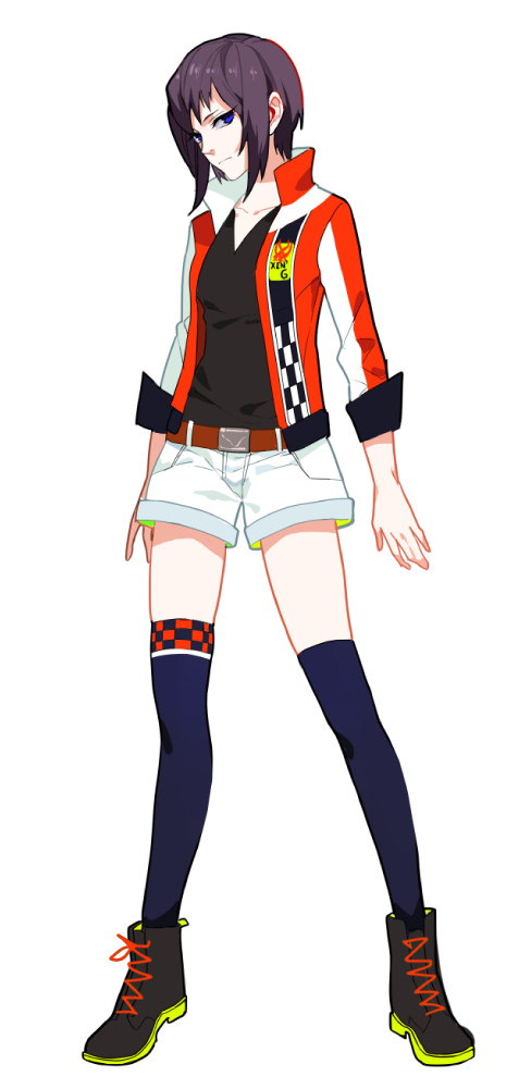 1girl, belt, black_hair, black_shirt, black_thighhighs, blue_eyes, boots, full_body