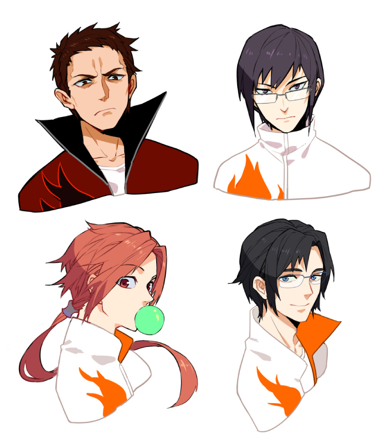 4boys, black_hair, blowing_bubbles, blue_eyes, brown_eyes, brown_hair, chewing_gum, glasses