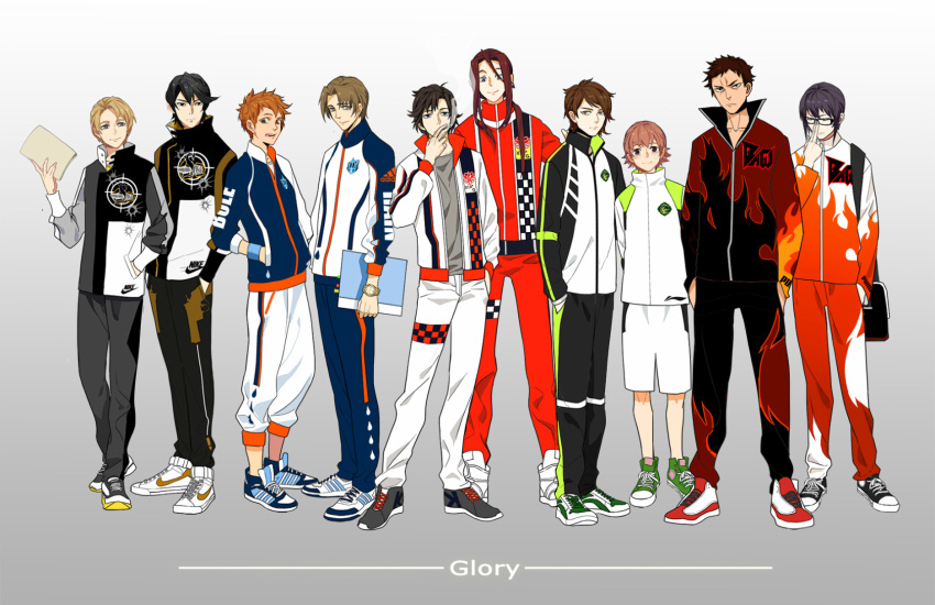 6+boys, bag, black_hair, blonde_hair, blue_eyes, brown_eyes, brown_hair, glasses