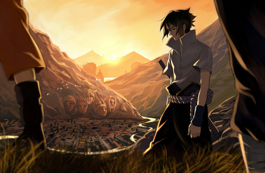 1boy, 2others, bird, black_gloves, black_hair, black_pants, blurry, clouds, fingerless_gloves, gloves, grass, imabboy, male_focus, mountain, multiple_others, naruto, naruto_(series), ninja, out_of_frame, outdoors, pants, scenery, shirt, short_hair, short_sleeves, sky, solo_focus, standing, sunset, sword, uchiha_sasuke, weapon