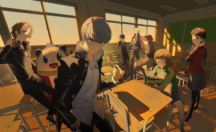 1arutan, 4boys, 4girls, :d, absurdres, against_desk, amagi_yukiko, belt