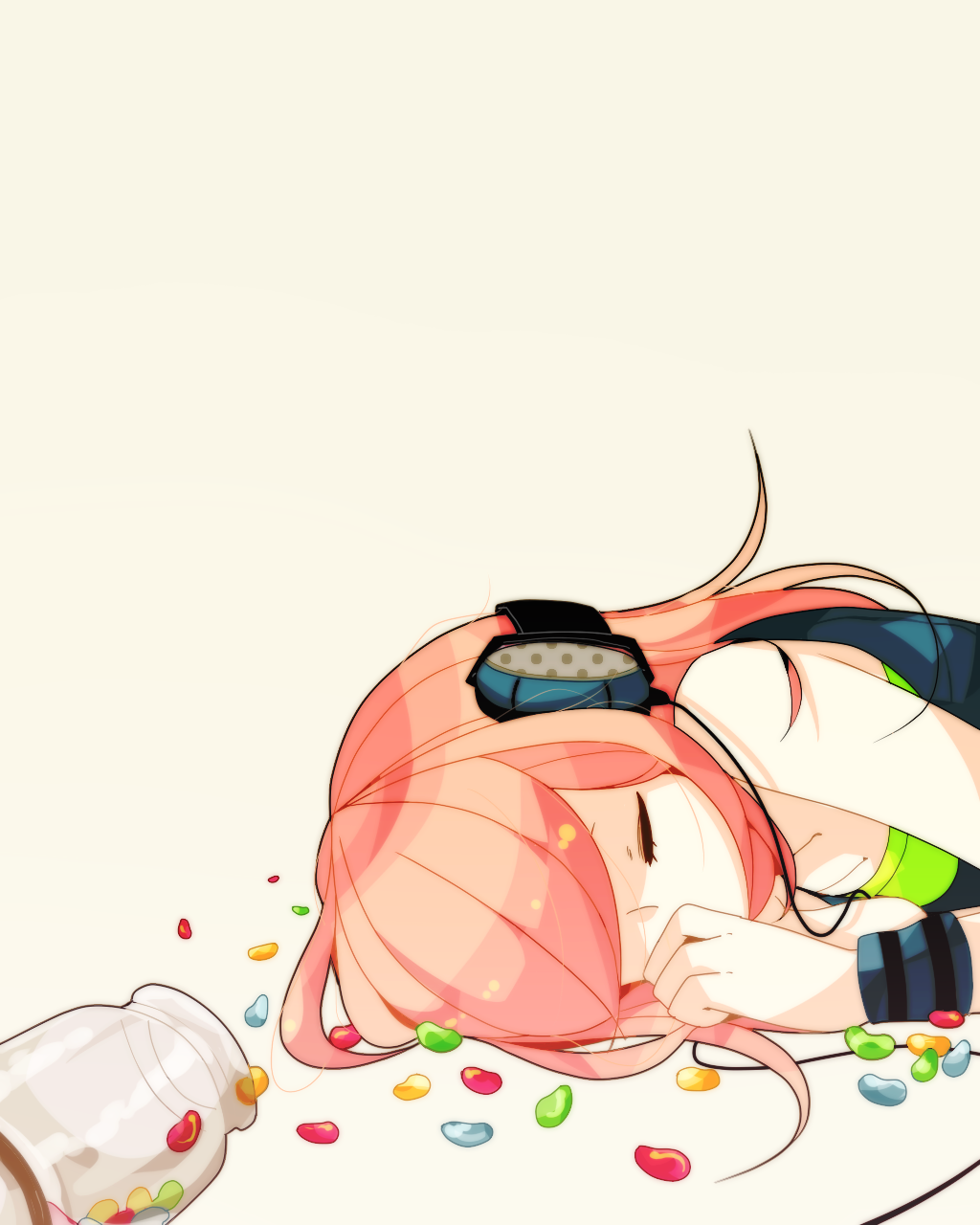 closed_eyes, eyes_closed, headphones, highres, jelly_bean, long_hair, original, pink_hair, ppo-p, simple_background, sleeping, solo