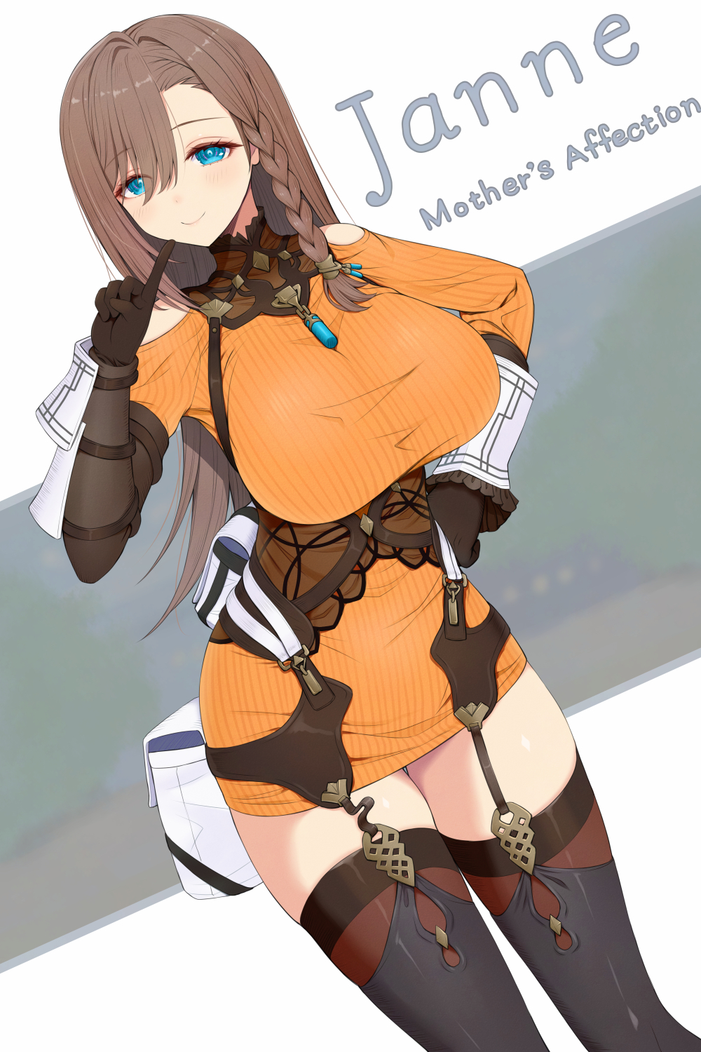 1girl, asamura_hiori, atelier_(series), atelier_resleriana, bare_shoulders, blue_eyes, blush, braid, breasts, brown_hair, dress, highres, janne_lindemann, large_breasts, long_hair, looking_at_viewer, side_braid, single_braid, smile, solo, sweater, sweater_dress, thigh-highs