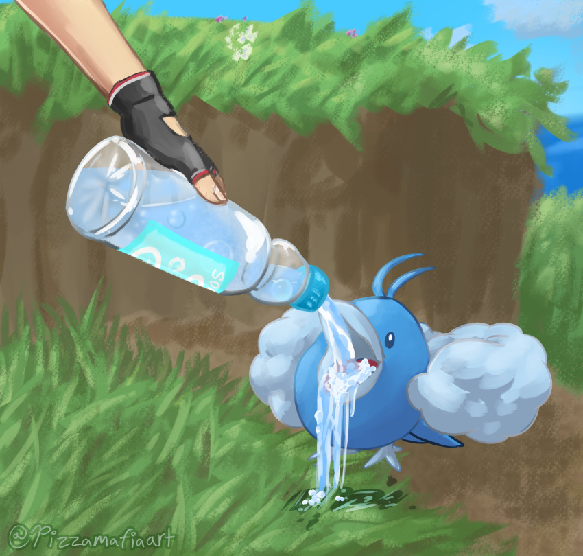 1other, absurdres, animal_focus, artist_name, beak, black_gloves, blue_sky, bottle