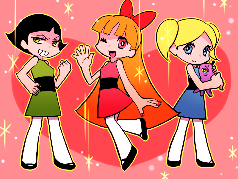 3girls, black_hair, black_shoes, blonde_hair, blue_dress, blue_eyes, bow, commentary