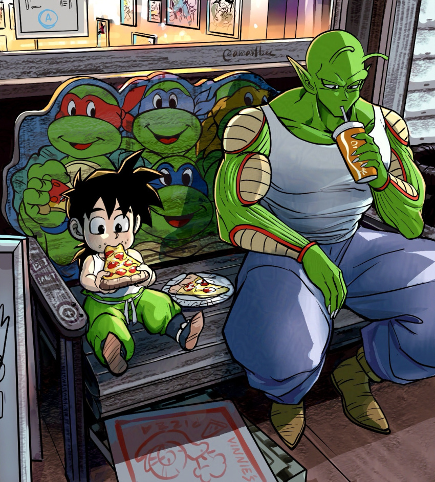 2boys, amartbee, antennae, black_hair, cheese, child, colored_skin, commentary