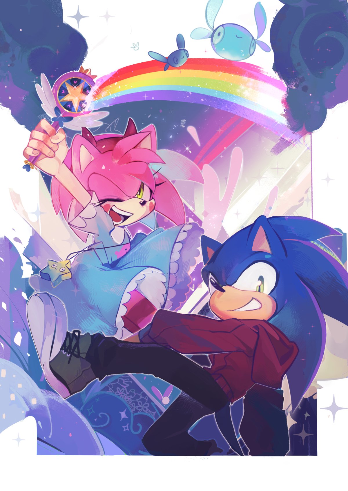 1boy, 1girl, :d, amy_rose, animal_nose, aqua_dress, black_pants, blue_fur