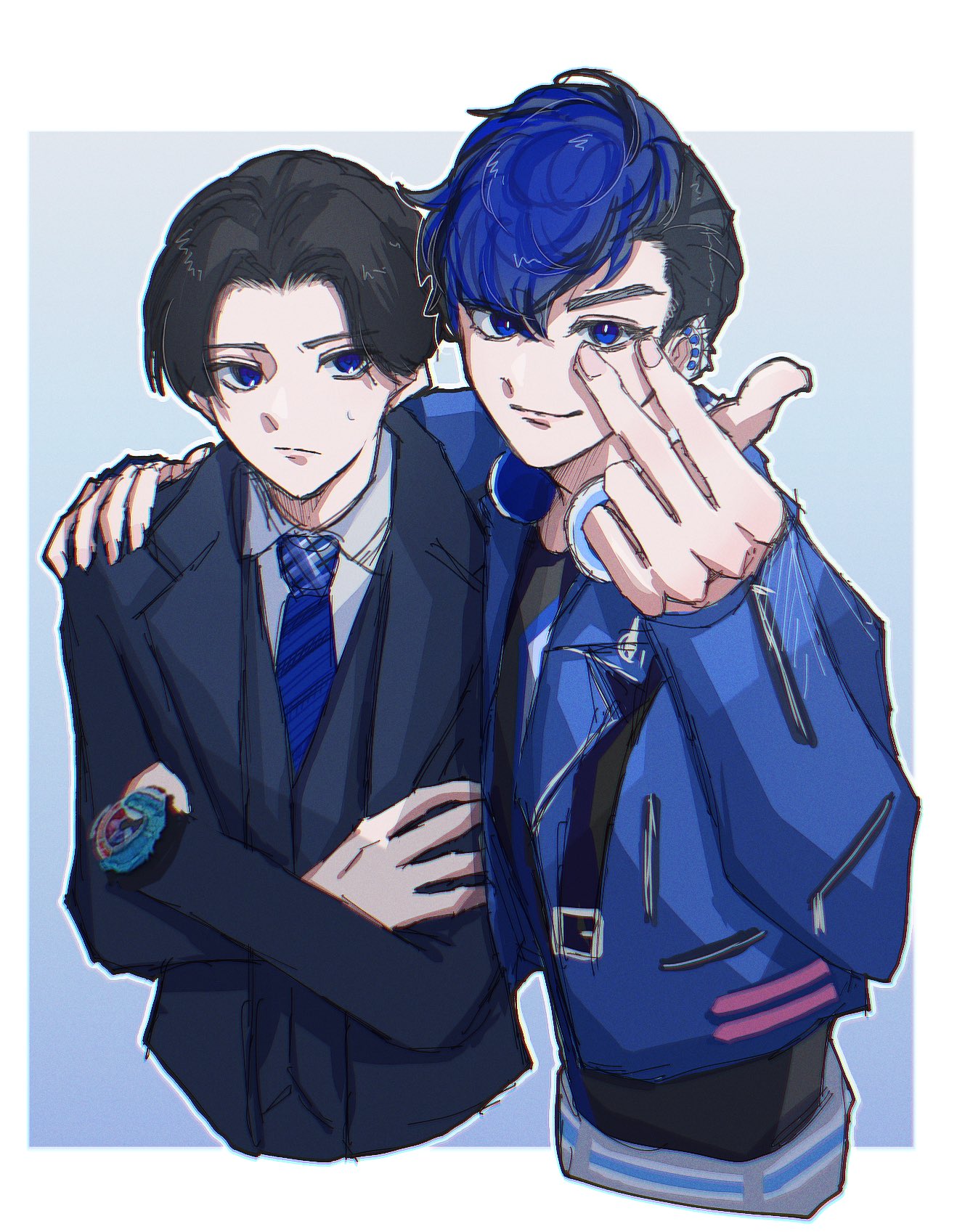 2boys, bakuage_sentai_boonboomger, black_hair, black_suit, blue_eyes, blue_hair, boonboom_changer, earrings