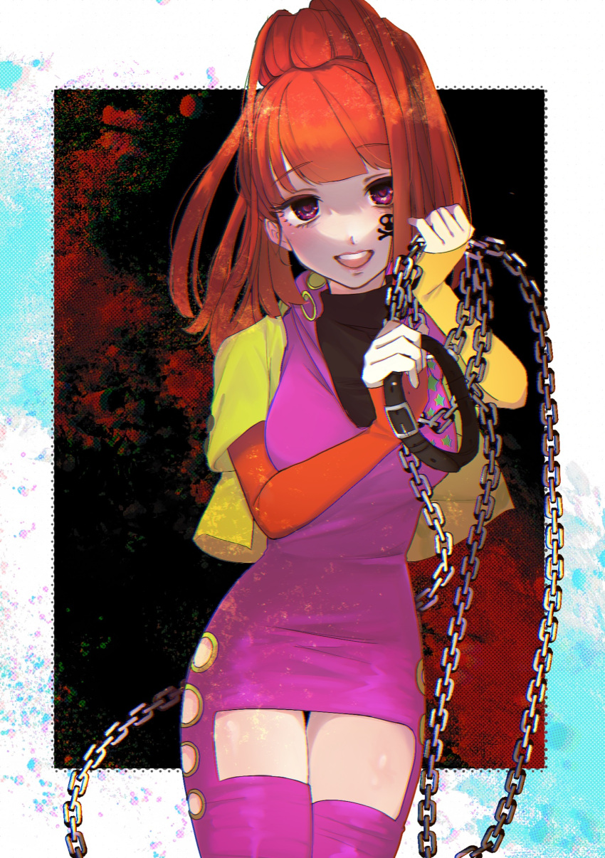 1girl, blunt_bangs, buncho083, chain, collar, corruption, dark_persona, earrings, gnosia, hair_between_eyes, heart, heart_earrings, high_ponytail, highres, jewelry, long_hair, long_sleeves, looking_at_viewer, nail_polish, ponytail, red_eyes, red_hair, simple_background, solo, sq_(gnosia), tattoo, turtleneck, upper_body