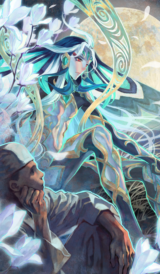 2boys, abs, aqua_hair, azuma_toh, bishounen, black_bodysuit, black_hair, blue_hair, bodysuit, chinese_clothes, clothing_cutout, commentary, expressionless, eyeshadow, faceless, faceless_male, fate/grand_order, fate_(series), flower, flower_request, forehead_jewel, full_moon, gold_trim, hat, makeup, male_focus, moon, multicolored_hair, multiple_boys, night, official_art, pectorals, petals, red_eyes, red_eyeshadow, revealing_clothes, s_i_n_(fate/grand_order), shi_huang_di_(fate), sidelocks, sitting, solo_focus, stomach_cutout, third-party_source, toned, toned_male, what, wheat_field, white_flower, white_hair, white_hat