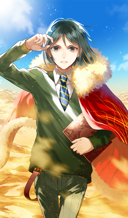1boy, black_hair, blue_necktie, blue_sky, book, brown_eyes, cape, clouds, collared_shirt, commentary, cowboy_shot, day, desert, diagonal-striped_clothes, diagonal-striped_necktie, dust, fate/grand_order, fate/zero, fate_(series), fur-trimmed_cape, fur_trim, green_pants, green_sweater, holding, holding_book, light_particles, long_sleeves, looking_at_viewer, male_focus, necktie, official_art, outdoors, pants, parted_bangs, parted_lips, red_cape, sand, sazanami_misa, shirt, short_hair, sky, solo, standing, striped_clothes, sun, sunlight, sweater, teeth, third-party_source, waver_velvet, waver_velvet_(zhuge_liang), white_shirt, wind, yellow_necktie