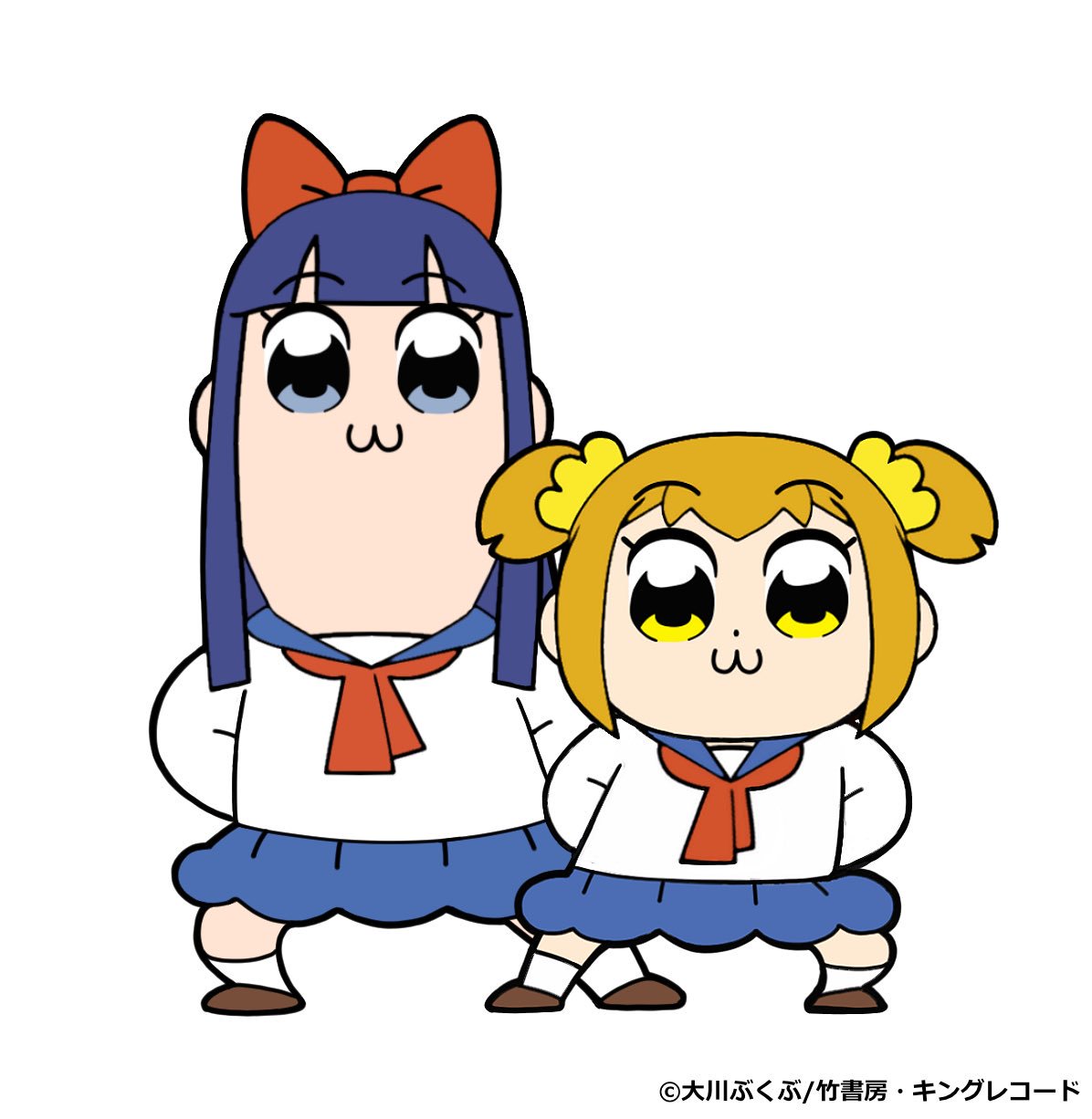2girls, 3d, :3, arms_behind_back, bkub_(style), blue_eyes, blue_hair, blue_sailor_collar, blue_skirt, blunt_bangs, bow, brown_shoes, commentary_request, dot_nose, hair_bow, highres, legs_apart, long_hair, looking_at_viewer, multiple_girls, neckerchief, official_art, orange_hair, pipimi, poptepipic, poptepipic_pose, popuko, red_bow, red_neckerchief, sailor_collar, school_uniform, scrunchie, serafuku, shirt, shoes, short_hair, short_twintails, sidelocks, simple_background, skirt, socks, standing, twintails, two_side_up, white_background, white_shirt, white_socks, yellow_eyes, yellow_scrunchie