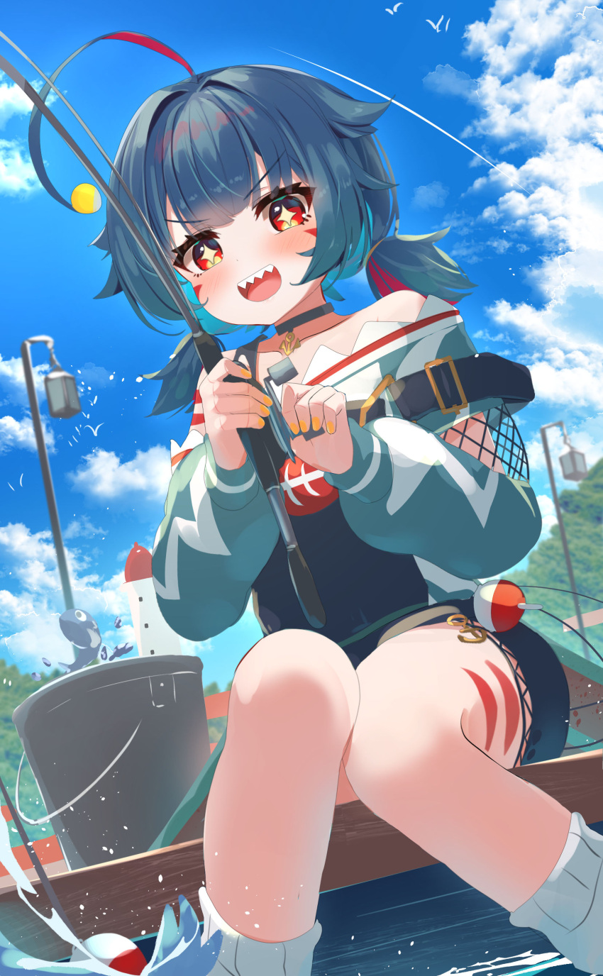 1girl, absurdres, anchor, anglerfish_girl, antenna_hair, baggy_socks, bare_legs, bare_shoulders