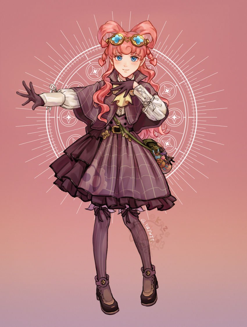 1girl, absurdres, ace_attorney, ascot, bag, barok_van_zieks, belt, black_belt, black_ribbon, blue_eyes, boots, brown_boots, brown_capelet, brown_gloves, brown_skirt, brown_thighhighs, brown_vest, capelet, character_charm, charm_(object), chinese_commentary, closed_mouth, commentary_request, frilled_skirt, frills, full_body, gloves, goggles, goggles_on_head, green_bag, hair_rings, hand_on_own_chest, herlock_sholmes, highres, iris_wilson, kaze_(yznyttdgs), long_hair, plaid_capelet, plaid_clothes, plaid_skirt, red_hair, ribbon, shirt, skirt, smile, solo, striped_clothes, striped_thighhighs, the_great_ace_attorney, thigh-highs, vertical-striped_clothes, vertical-striped_thighhighs, vest, white_shirt, yellow_ascot