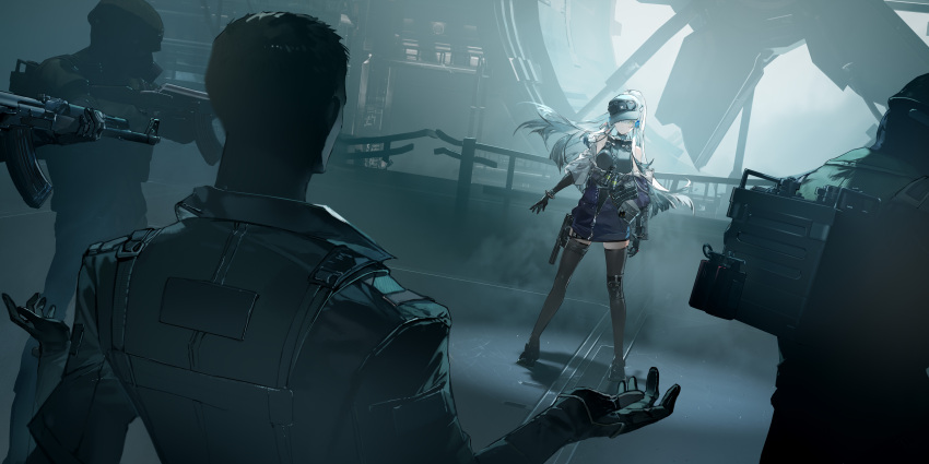 1boy, 1girl, 3others, absurdres, aiming, baseball_cap, black_gloves, black_hat, black_leotard, black_thighhighs, dalanxia, from_behind, full_body, gas_mask, girls'_frontline_2:_exilium, girls_frontline, gloves, grey_hair, gun, handgun, hat, highres, hk416_(girls'_frontline), holstered, incredibly_absurdres, jacket, kalashnikov_rifle, klukai_(girls'_frontline_2), leotard, leotard_under_clothes, magazine_(weapon), mask, multiple_others, off_shoulder, official_art, partially_unzipped, standing, stun_gun, surrounded_by_guns, thigh-highs, weapon