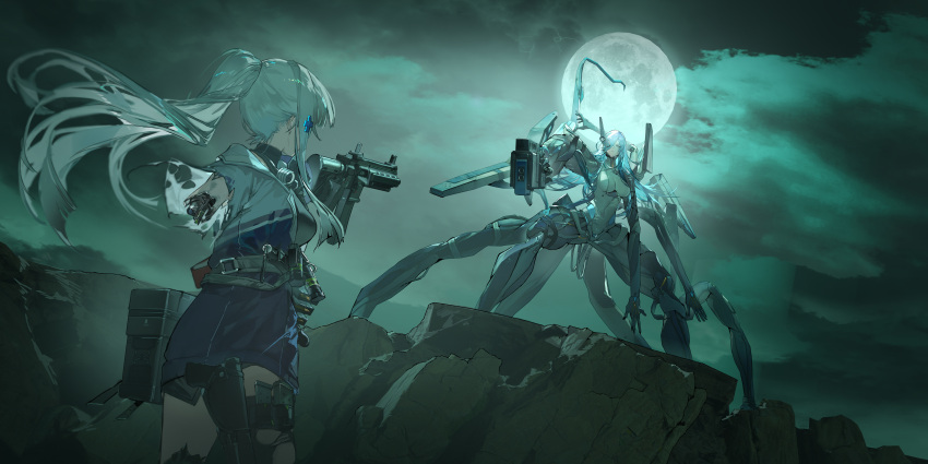 2girls, absurdres, aiming, android, arm_mounted_weapon, assault_rifle, battle_damage, blue_hair