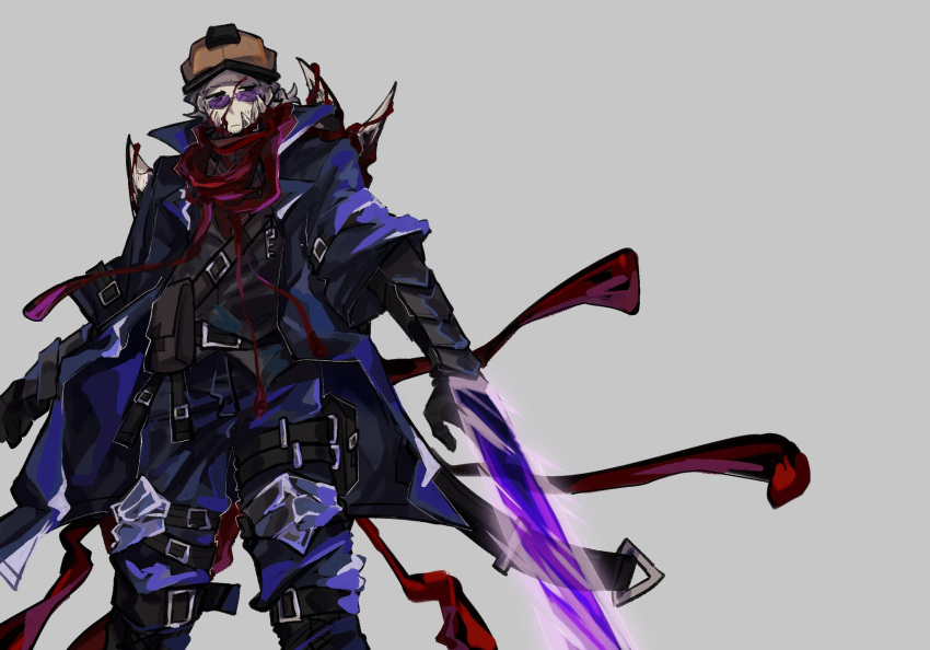 1boy, bi_qian79294, black_gloves, black_vest, blood, blue_coat, blue_pants, builderman_(roblox), coat, cowboy_shot, dimension_shredder_(e.g.o), e.g.o_(project_moon), energy_blade, gauntlets, gloves, grey_background, grey_hair, helmet, highres, limbus_company, long_sleeves, low_ponytail, male_focus, medium_hair, orange_helmet, pants, ponytail, project_moon, red_scarf, roblox, scarf, simple_background, solo, sunglasses, vest