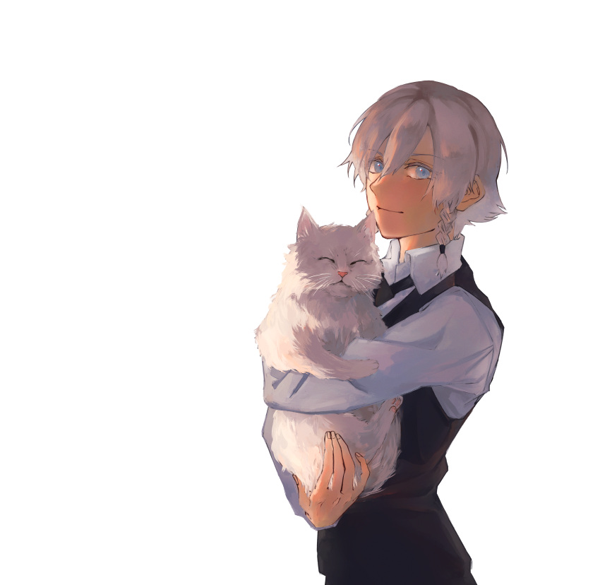1girl, absurdres, animal, black_vest, blue_eyes, braid, cat, closed_eyes
