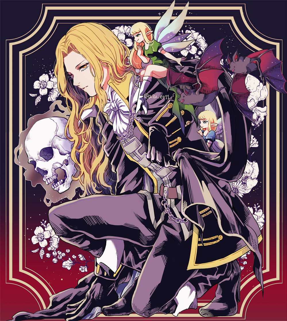 1boy, 2girls, alucard_(castlevania), arm_support, bat_(animal), belt, black_background, black_boots