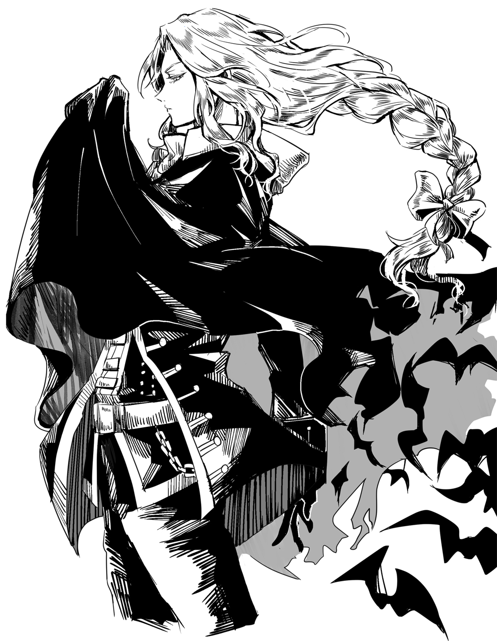 1boy, alucard_(castlevania), bat_(animal), bow, braid, castlevania_(series), cloak, closed_mouth