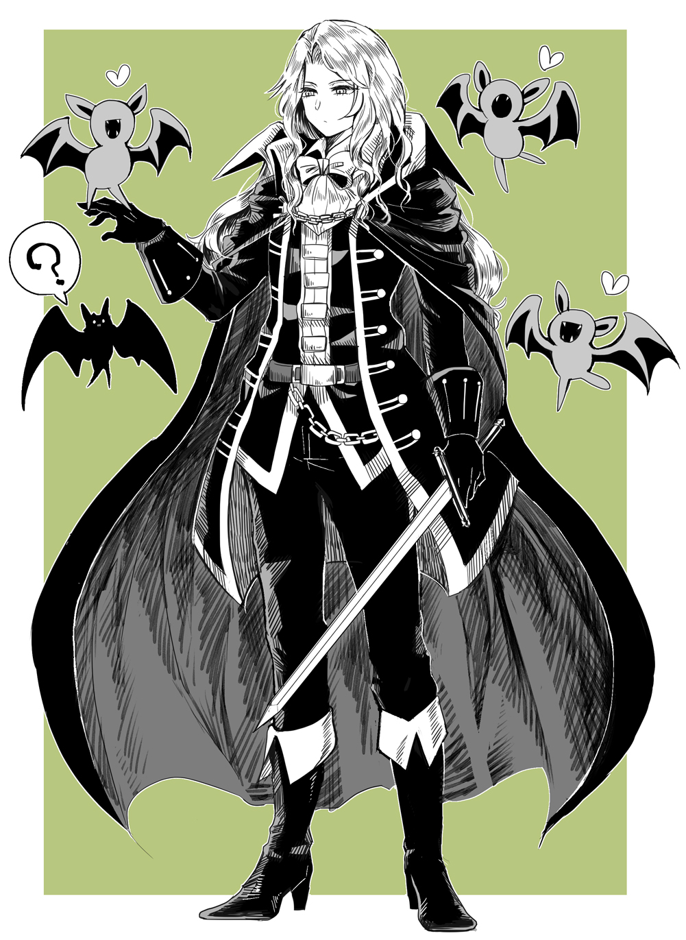 1boy, ?, alucard_(castlevania), bat_(animal), boots, border, bow, bowtie
