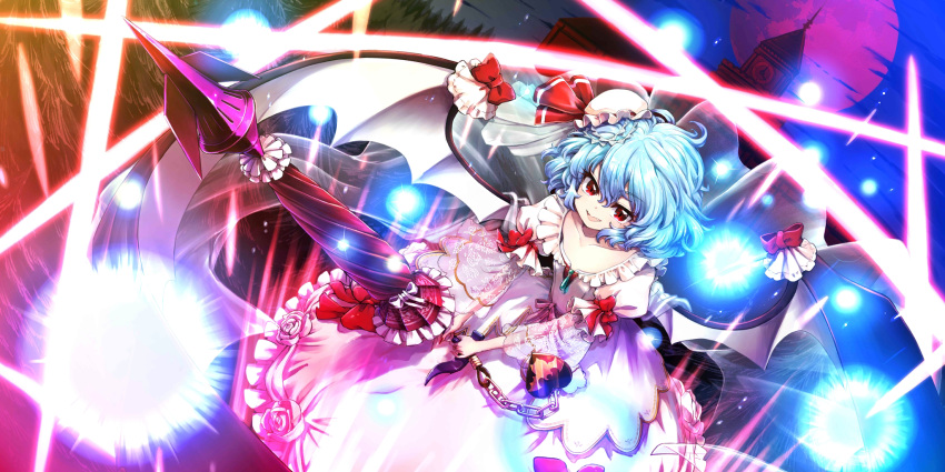 1girl, alternate_costume, bat_wings, blue_hair, bow, chain, closed_mouth, commentary