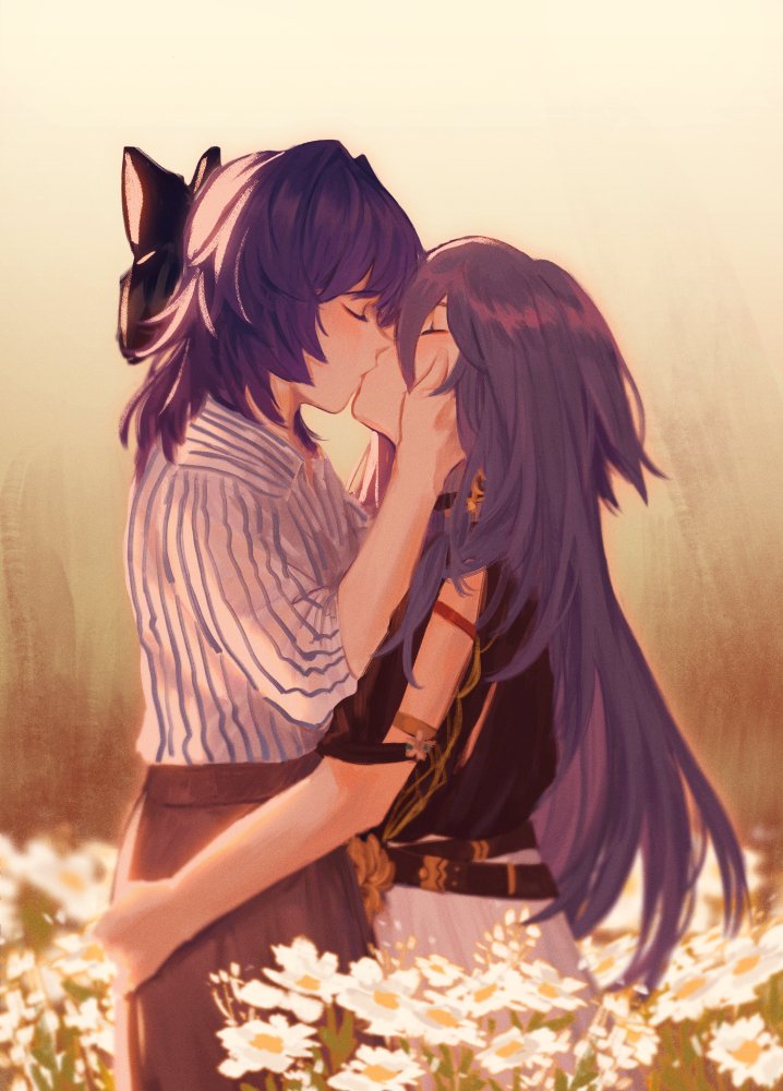 2girls, belt, black_bow, black_shirt, bow, brown_skirt, closed_eyes, cowboy_shot, field, flower, flower_field, from_side, fu_hua, fu_hua_(night_squire), fu_hua_(rustic_noir), grey_hair, hair_bow, hand_on_another's_cheek, hand_on_another's_face, hand_on_another's_hip, height_difference, honkai_(series), honkai_impact_3rd, kiss, long_hair, multiple_belts, multiple_girls, outdoors, profile, purple_hair, raiden_mei, shirt, skirt, skyregalias, standing, striped_clothes, striped_shirt, vertical-striped_clothes, vertical-striped_shirt, white_shirt, yuri