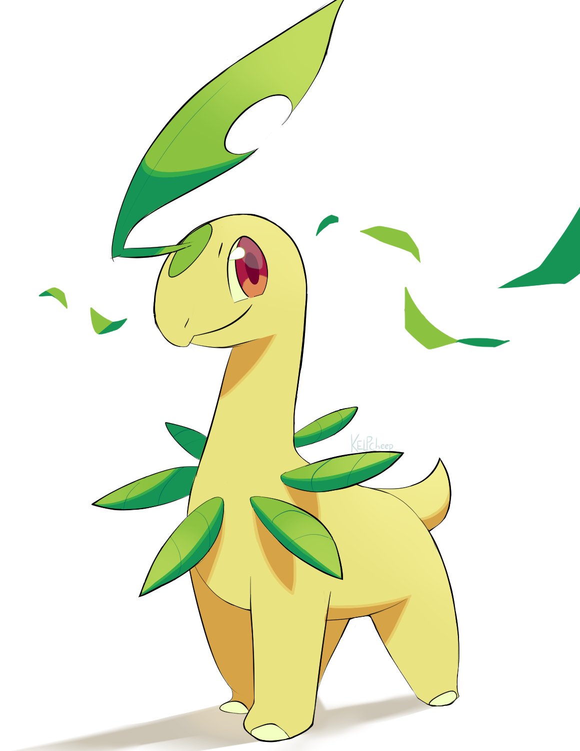 animal_focus, artist_name, bayleef, closed_mouth, english_commentary, full_body, highres, kelpcheep, leaf, looking_up, no_humans, pokemon, pokemon_(creature), red_eyes, simple_background, smile, solo, standing, white_background