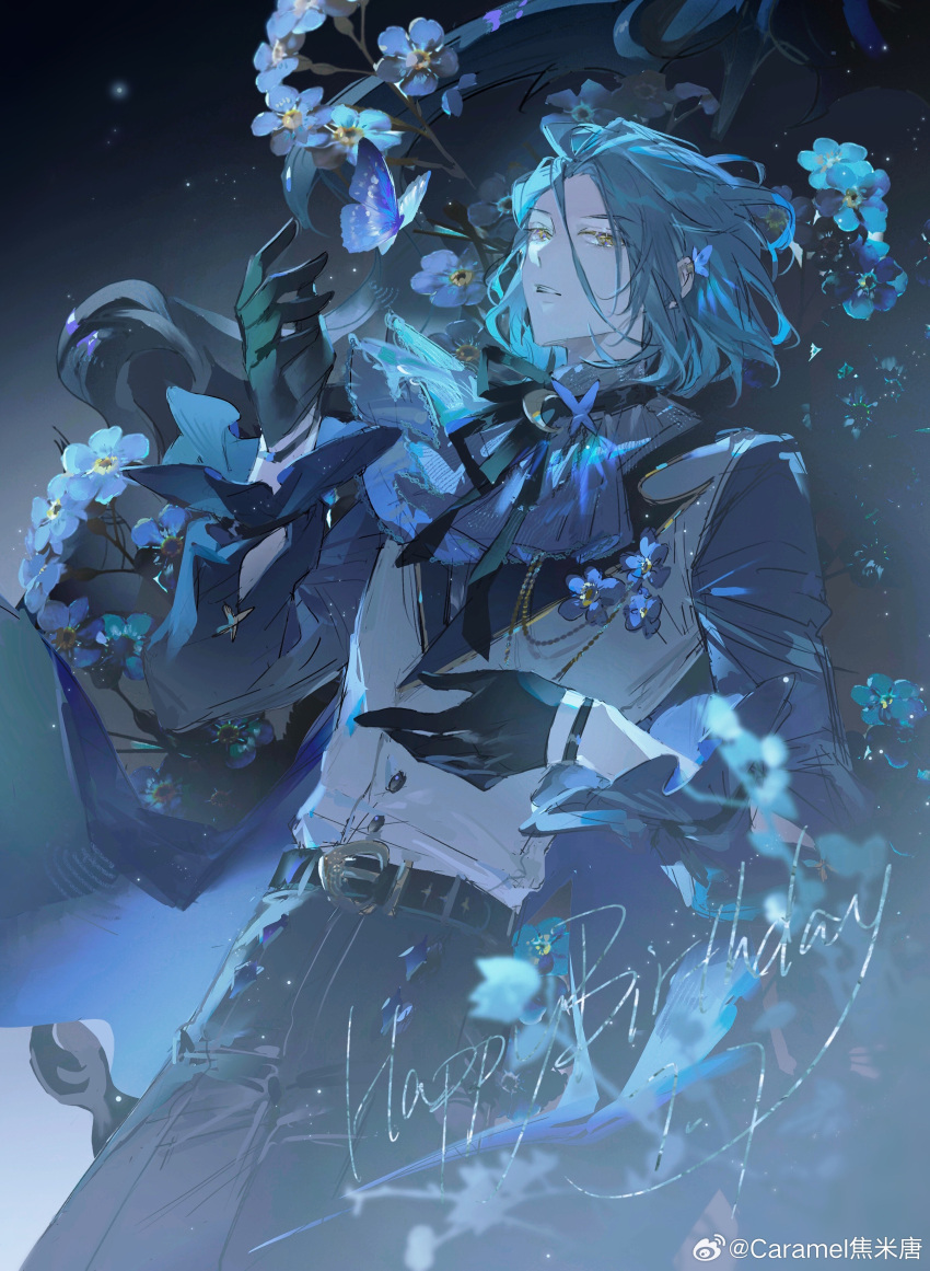 1boy, absurdres, ascot, belt, belt_buckle, black_belt, black_gloves, black_pants