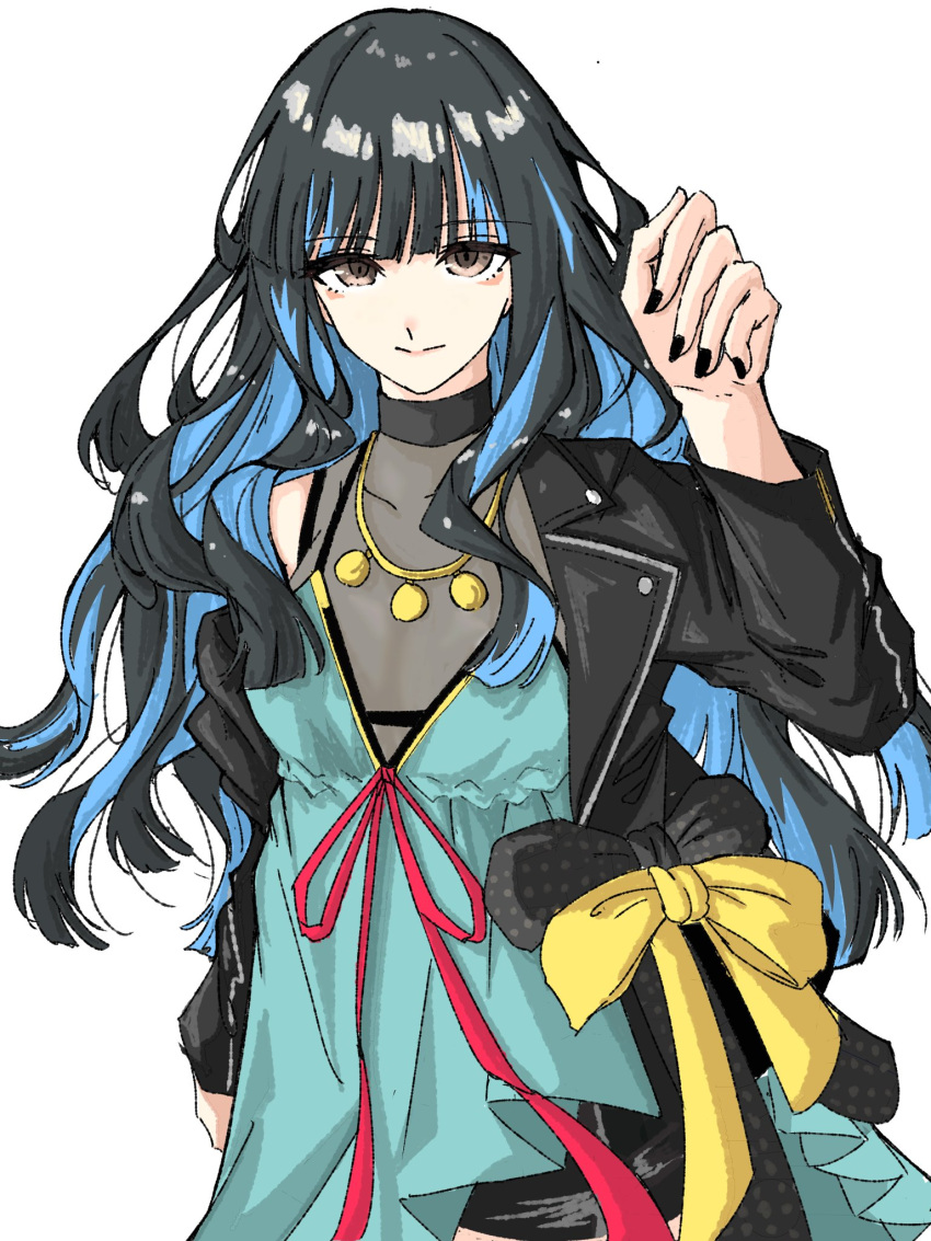 5jskyk, aqua_dress, black_hair, black_jacket, black_nails, blue_hair, colored_inner_hair, dress