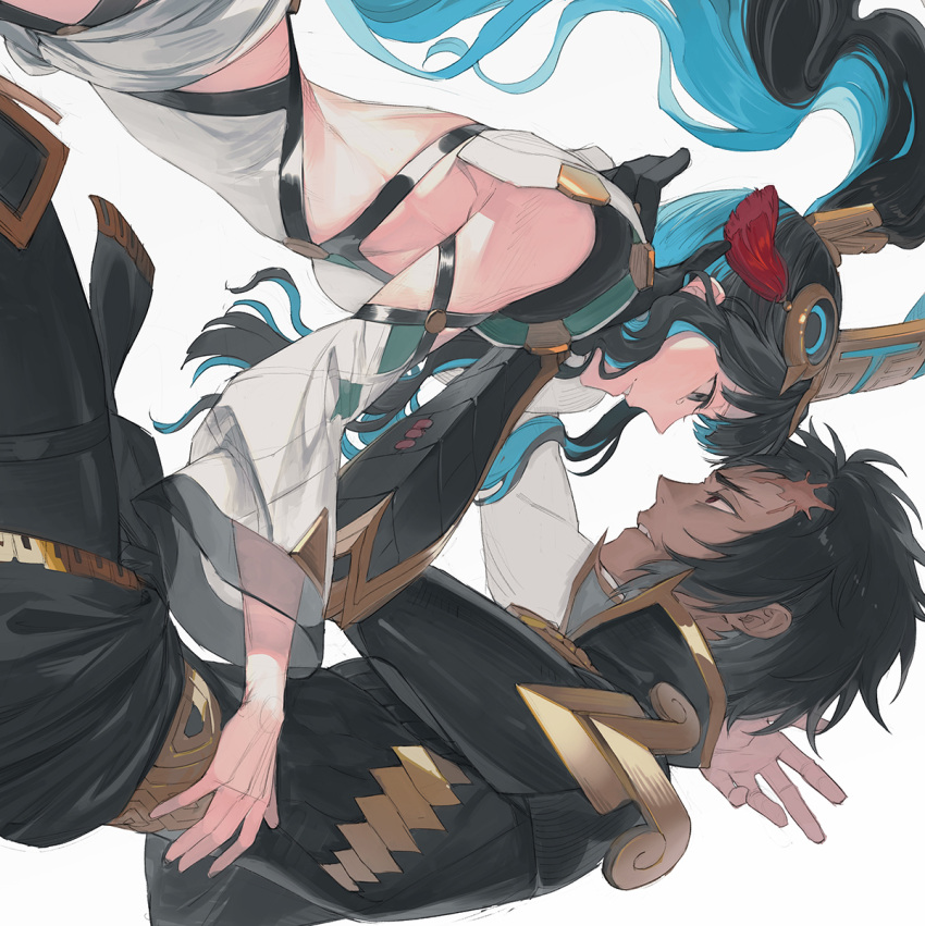 1boy, 1girl, aztec, bird, black_hair, blue_hair, colored_inner_hair, fate/grand_order