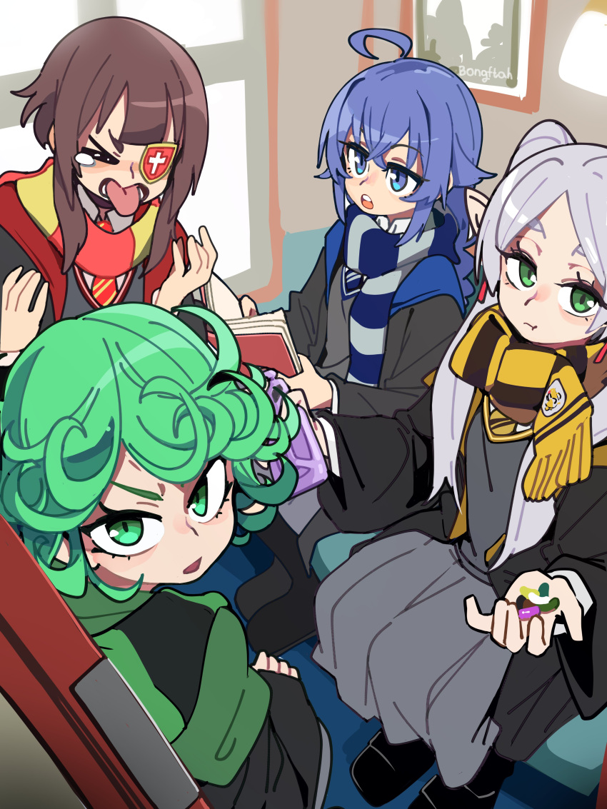 >_<, 4girls, :t, absurdres, ahoge, black_boots, black_robe, black_scarf