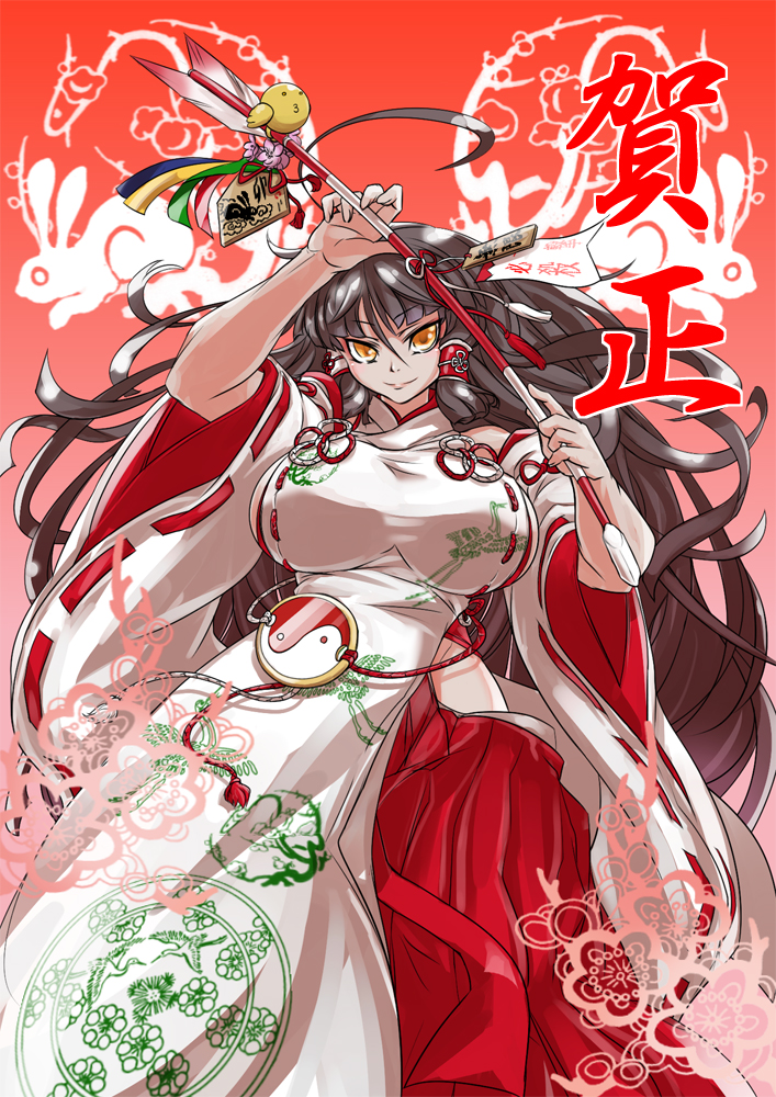 alternate_costume, arrow, bow, breasts, brown_hair, curvy, detached_sleeves, ema, hamaya, huge_breasts, japanese_clothes, long_hair, m.u.g.e.n, miko, mugen_(game), new_year, ninin_ga_shinobuden, nontraditional_miko, onsokumaru, original, rekise, sendai_hakurei_no_miko, smile, solo, tassel, touhou, translated, wide_hips, yellow_eyes, yin_yang