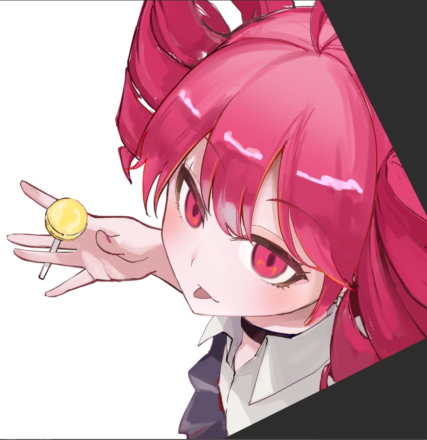 1girl, ahoge, black_choker, black_skirt, blush, candy, change_id_later, choker