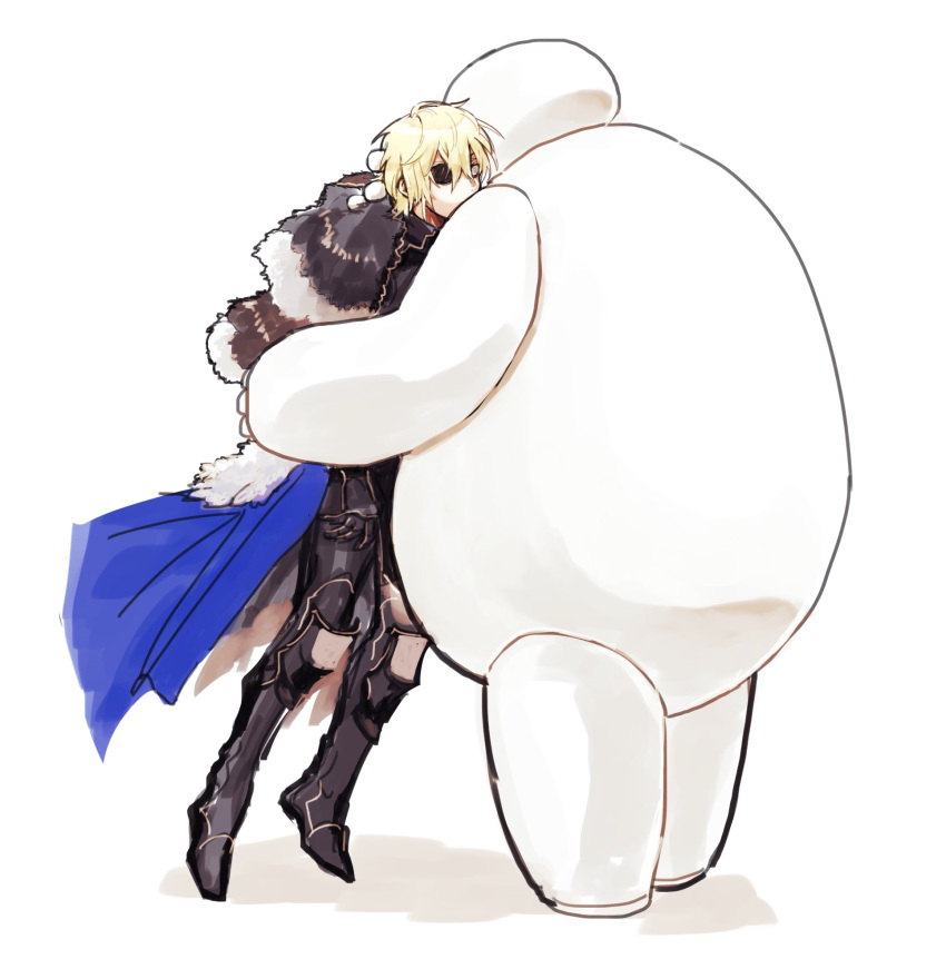 1boy, armor, baymax, big_hero_6, black_armor, black_fur, blonde_hair, blue_cape