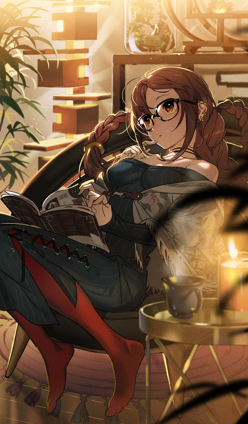 bare_shoulders, black-framed_eyewear, braid, breasts, brown_eyes, brown_hair, candlelight, chair