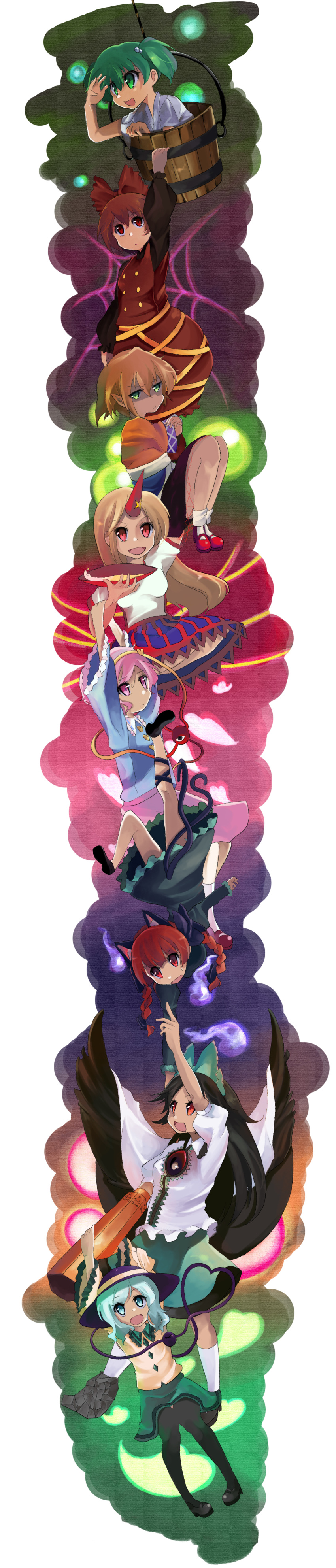 animal_ears, blonde_hair, bow, braid, bucket, green_hair, hanging, hat, hidejiu, highres, horn, hoshiguma_yuugi, kaenbyou_rin, kisume, komeiji_koishi, komeiji_satori, kurodani_yamame, long_hair, mizuhashi_parsee, multiple_girls, open_mouth, red_hair, redhead, reiuji_utsuho, sakazuki, sake, short_hair, smile, subterranean_animism, touhou, wings