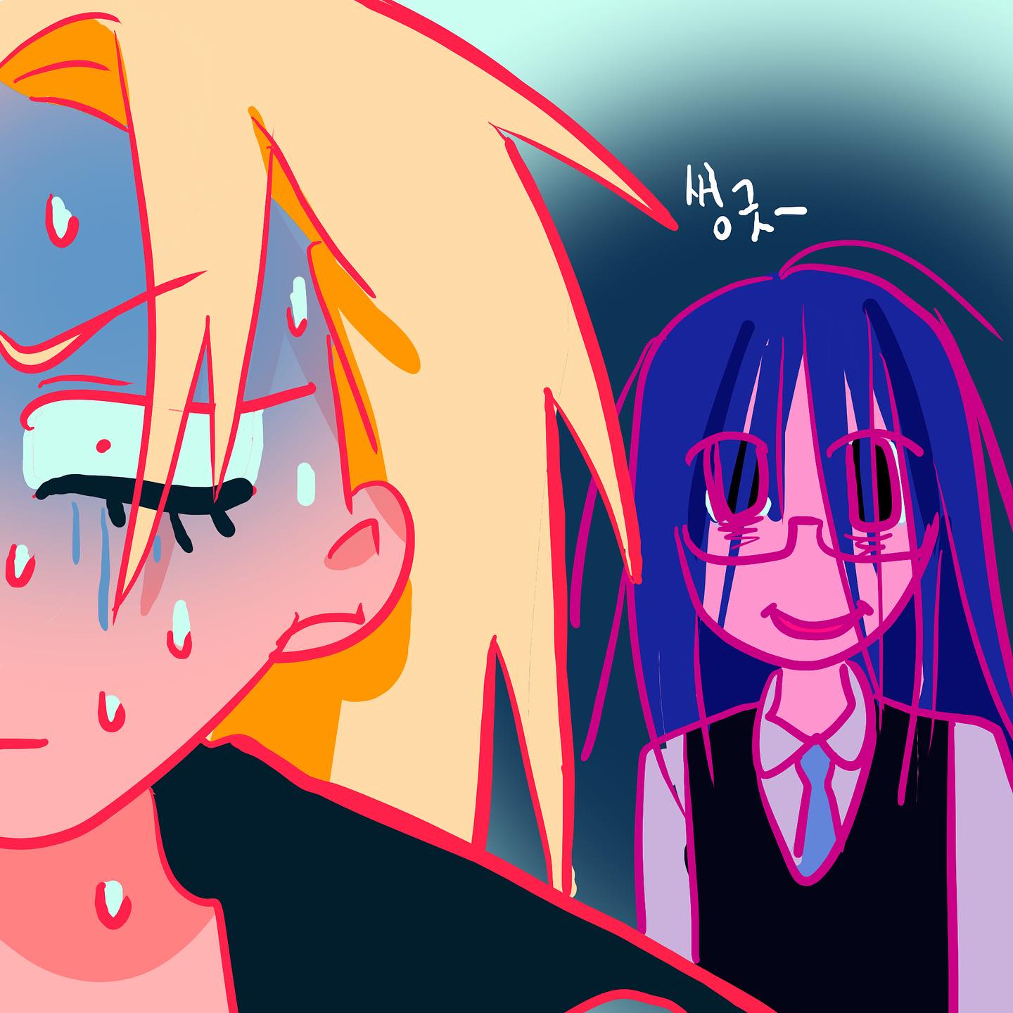 2girls, black_eyes, blonde_hair, blue_hair, blue_necktie, brown_eyes, collared_shirt, dark-skinned_female