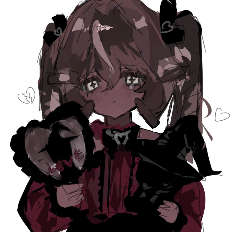 1girl, alternate_costume, alternate_hairstyle, black_forest_cookie, cookie_run, cookie_run:_kingdom, cross-shaped_pupils, crying, dark-skinned_female, dark_skin, highres, jirai_kei, kitty_17a, looking_at_viewer, red_shirt, shirt, solo, symbol-shaped_pupils, twintails, white_eyes