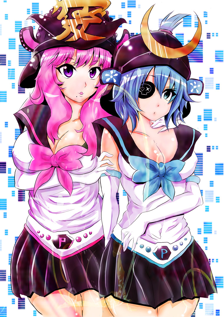 2girls, artist_request, blue_hair, eyepatch, helmet, multiple_girls, onegai!_ranking, onegai_blue