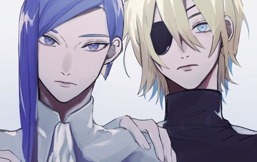 2boys, ascot, asymmetrical_hair, black_shirt, blonde_hair, blue_eyes, collared_shirt, commentary_request, dimitri_alexandre_blaiddyd, dimitri_alexandre_blaiddyd_(timeskip), dosukoi_daishogun, double-parted_bangs, eyepatch, fire_emblem, fire_emblem:_three_houses, hair_behind_ear, hair_between_eyes, hand_on_another's_shoulder, looking_at_viewer, looking_up, lorenz_hellman_gloucester, lorenz_hellman_gloucester_(timeskip), male_focus, multiple_boys, one_eye_covered, parted_bangs, purple_hair, shirt, side-by-side, simple_background, turtleneck, violet_eyes, white_background, white_shirt