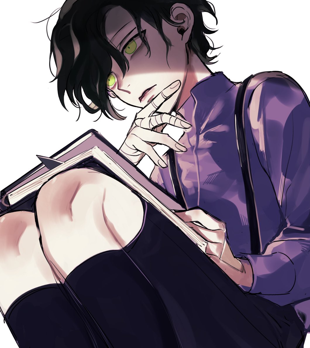 1boy, aged_down, bandaged_hand, bandages, black_hair, black_shorts, black_socks, book
